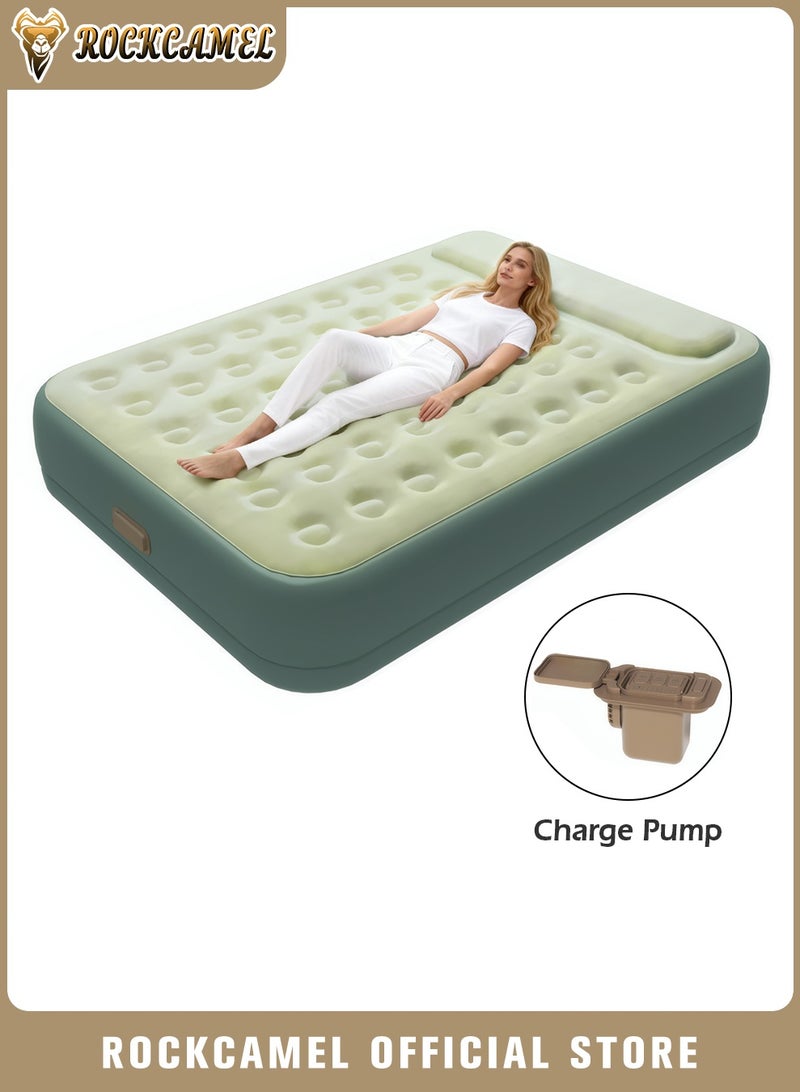 ROCKCAMEL Inflatable Air Mattress with Built-in 2600mAh Electric Pump, Thickened Double Airbed with Flock Coating, Quick Blow Up Bed for Home, Camping & Guests (Green) - Image 1